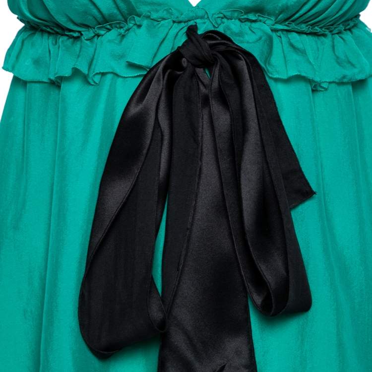 Pre Owned Dolce & Gabbana Green Silk Tie Detail Ruffled Sleeveless Top S