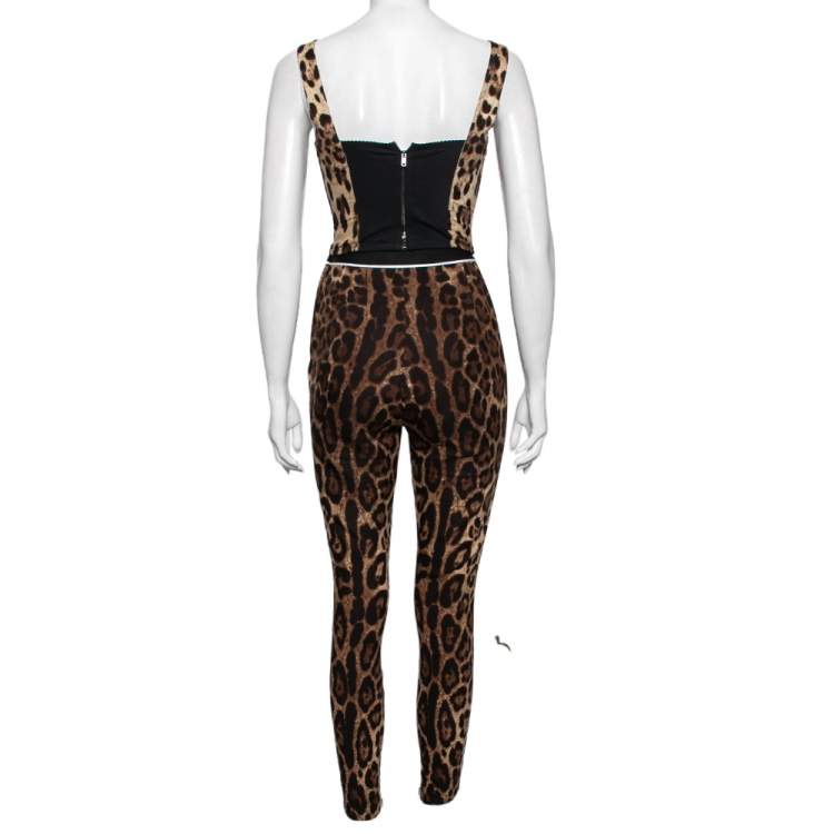 Pre Owned Dolce & Gabbana Brown Leopard Print Silk Bustier Top & Logo Waist Detail Pant Set S