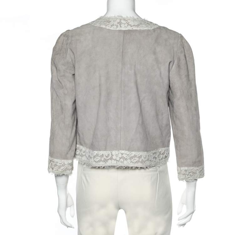 Pre Owned Dolce & Gabbana Beige Suede & Lace Trim Button Front Blouson Jacket M