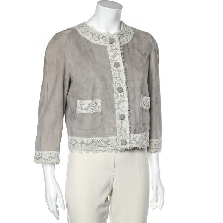 Pre Owned Dolce & Gabbana Beige Suede & Lace Trim Button Front Blouson Jacket M