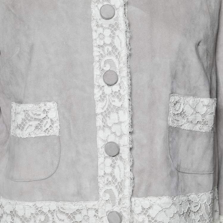 Pre Owned Dolce & Gabbana Beige Suede & Lace Trim Button Front Blouson Jacket M