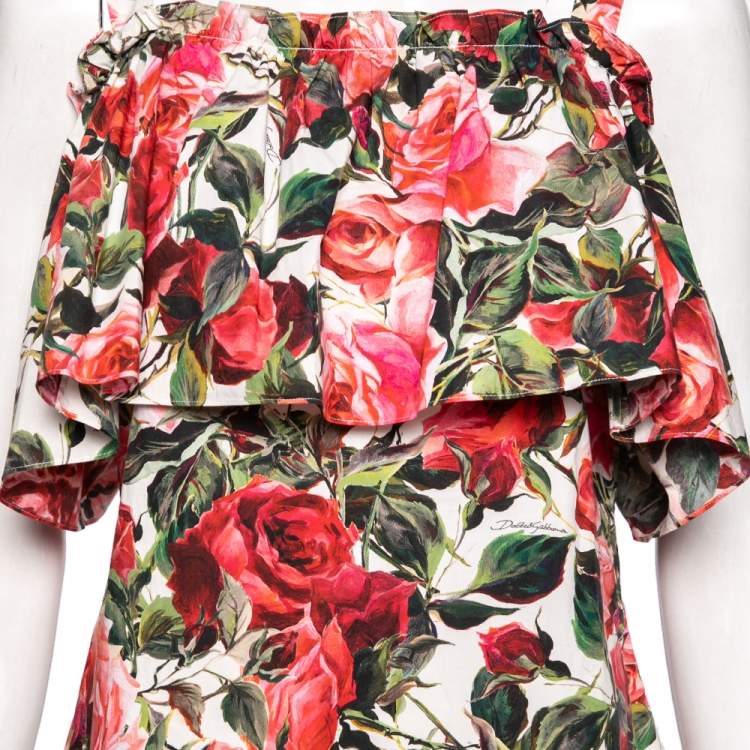 Pre Owned Dolce & Gabbana Multicolored Rose Printed Cotton Cold Shoulder Top S