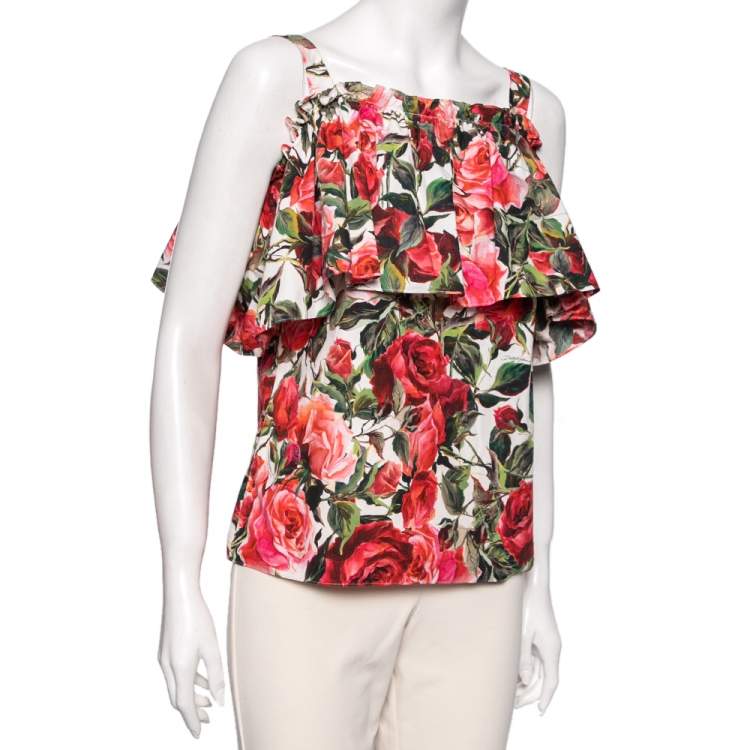 Pre Owned Dolce & Gabbana Multicolored Rose Printed Cotton Cold Shoulder Top S