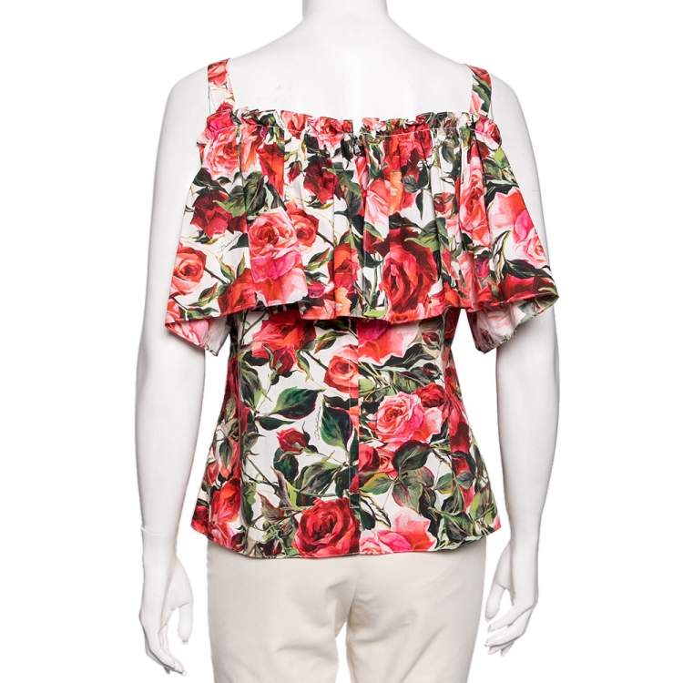 Pre Owned Dolce & Gabbana Multicolored Rose Printed Cotton Cold Shoulder Top S