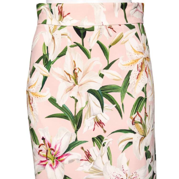 Pre Owned Dolce & Gabbana Pink Floral Printed Crepe Midi Skirt S