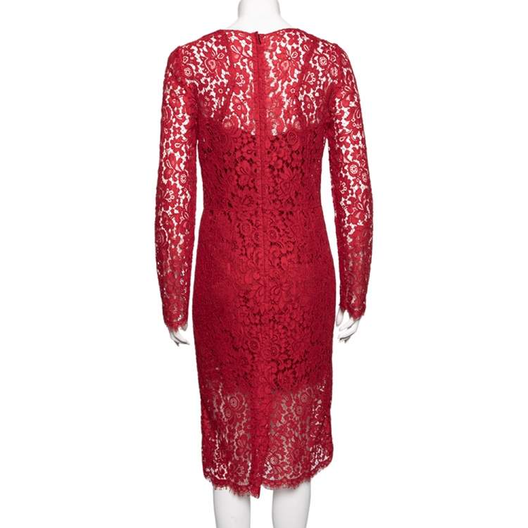 Pre Owned Dolce & Gabbana Red Lace Long Sleeve Dress M