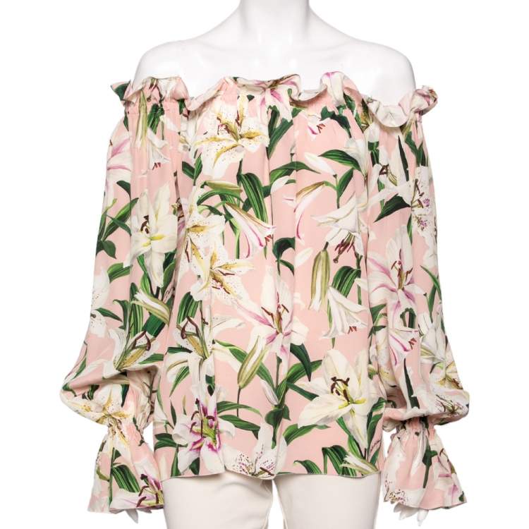 Pre Owned Dolce & Gabbana Pink Lily Printed Silk Ruffled Off Shoulder Top S