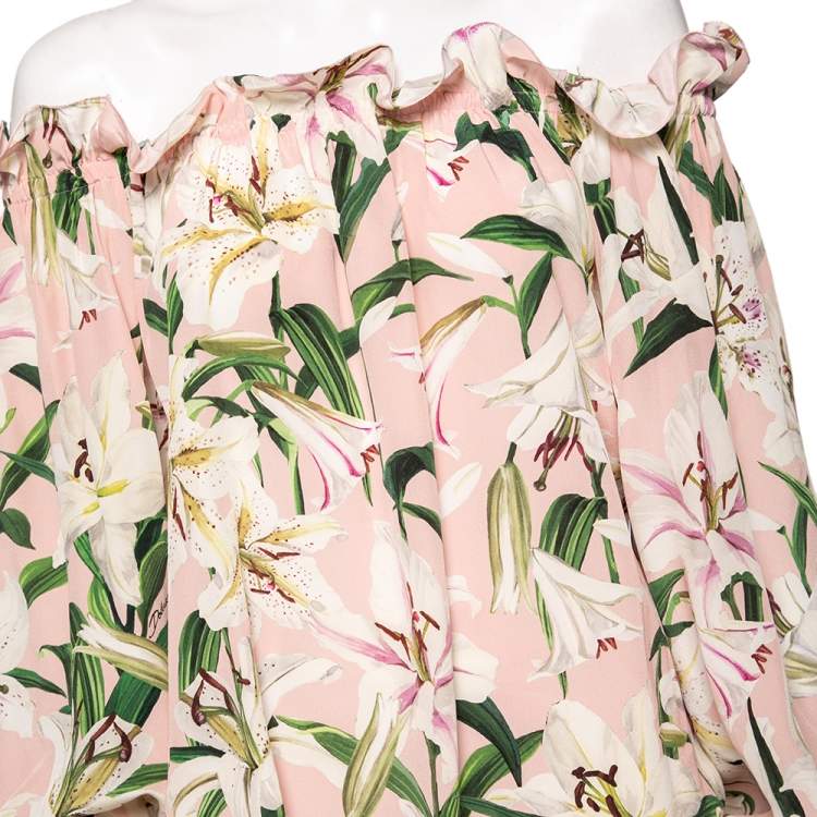 Pre Owned Dolce & Gabbana Pink Lily Printed Silk Ruffled Off Shoulder Top S