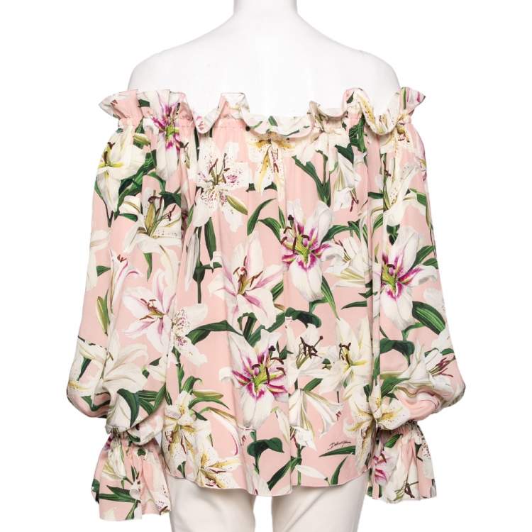 Pre Owned Dolce & Gabbana Pink Lily Printed Silk Ruffled Off Shoulder Top S