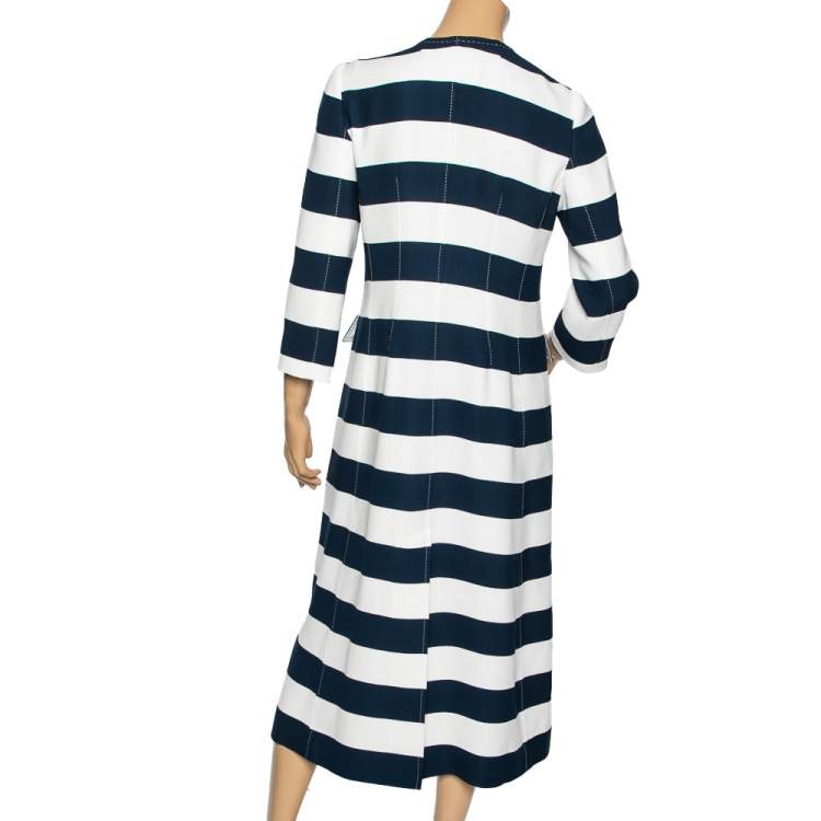 Pre Owned Dolce & Gabbana Navy Blue & White Striped Crepe Double Breasted Coat M
