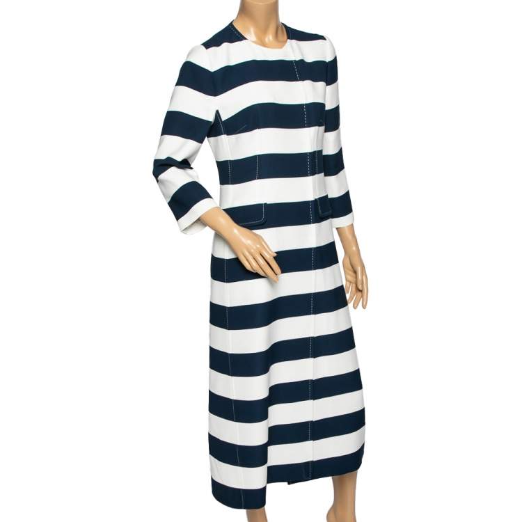 Pre Owned Dolce & Gabbana Navy Blue & White Striped Crepe Double Breasted Coat M