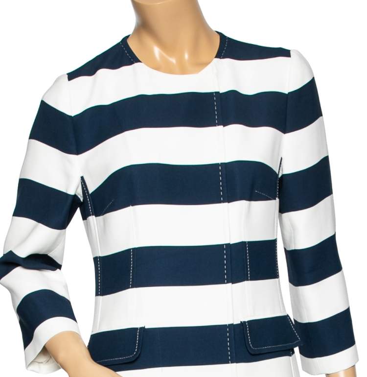 Pre Owned Dolce & Gabbana Navy Blue & White Striped Crepe Double Breasted Coat M
