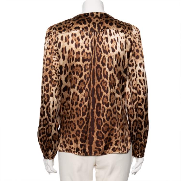 Pre Owned Dolce & Gabbana Brown Leopard Print Silk Bow Tie Top M