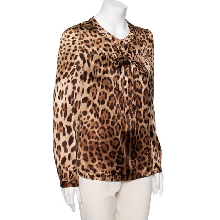 Pre Owned Dolce & Gabbana Brown Leopard Print Silk Bow Tie Top M