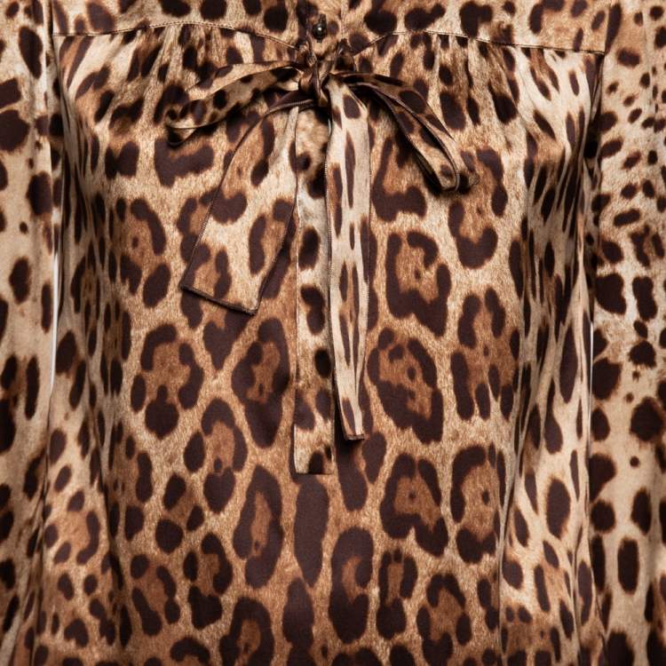 Pre Owned Dolce & Gabbana Brown Leopard Print Silk Bow Tie Top M