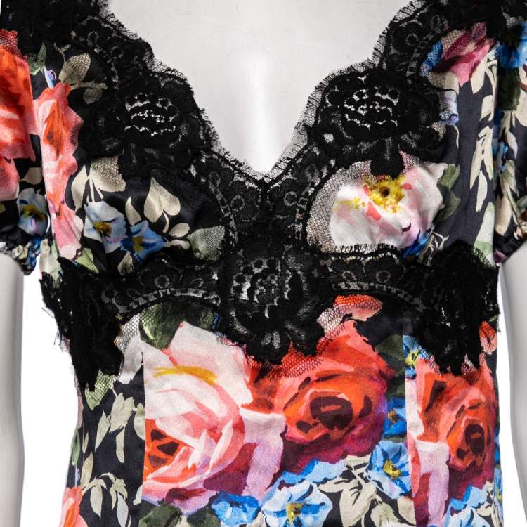 Pre Owned Dolce & Gabbana Black Floral Printed Silk Top M