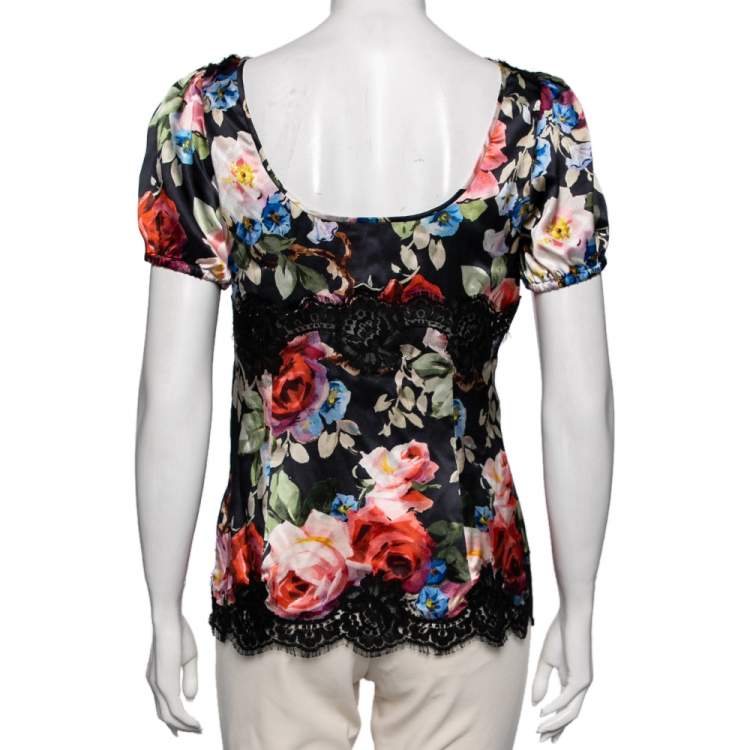 Pre Owned Dolce & Gabbana Black Floral Printed Silk Top M