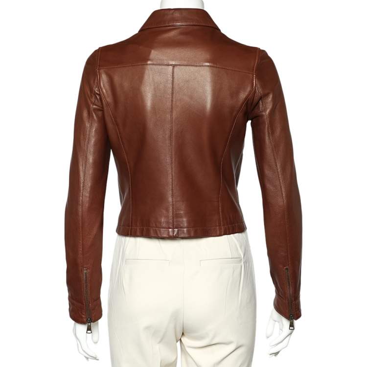 Pre Owned Dolce & Gabbana Brown Leather Zip Front Cropped Jacket S