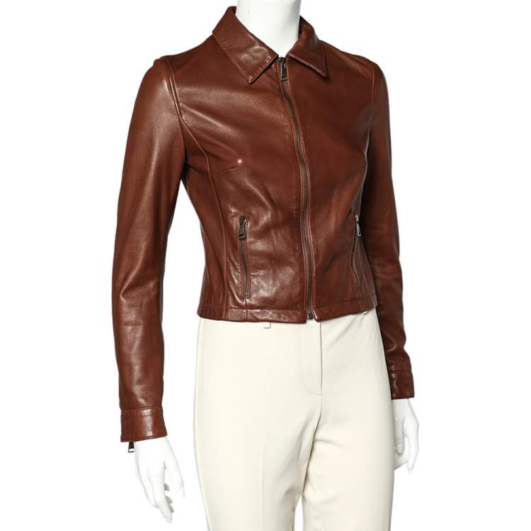 Pre Owned Dolce & Gabbana Brown Leather Zip Front Cropped Jacket S