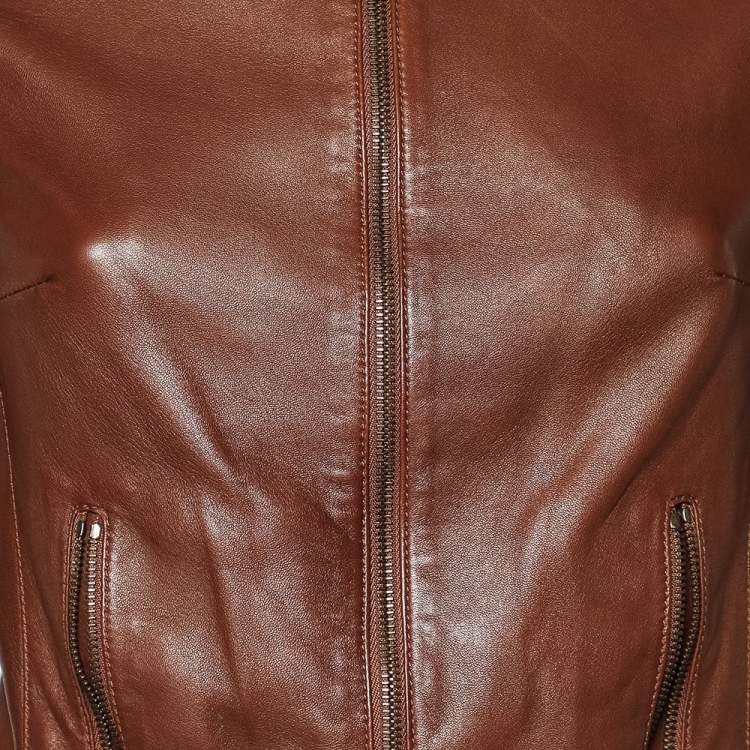Pre Owned Dolce & Gabbana Brown Leather Zip Front Cropped Jacket S