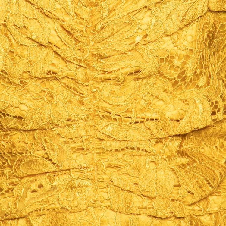 Pre Owned Dolce & Gabbana Yellow Lace Ruched Strapless Dress L