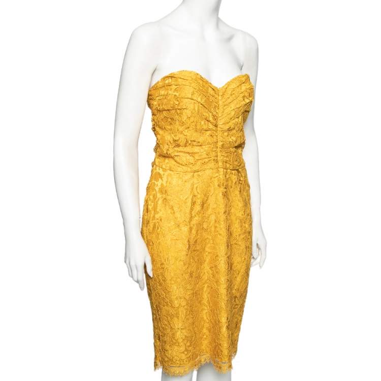 Pre Owned Dolce & Gabbana Yellow Lace Ruched Strapless Dress L
