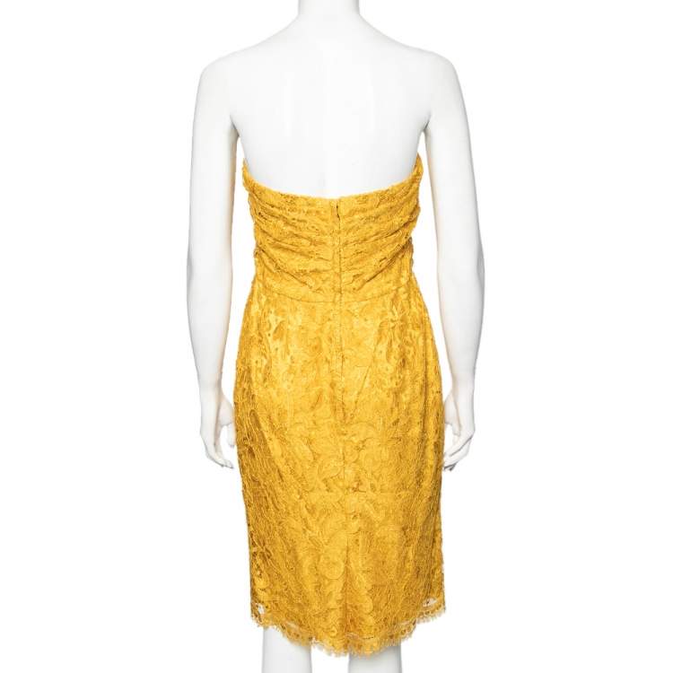 Pre Owned Dolce & Gabbana Yellow Lace Ruched Strapless Dress L