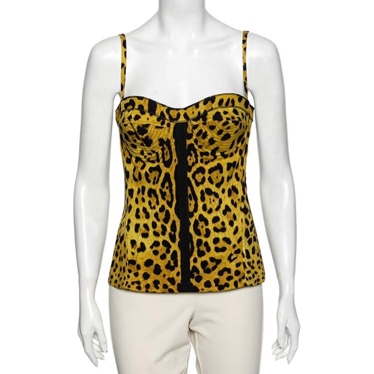 Pre Owned Dolce & Gabbana Yellow Leopard Print Silk Bustier Top L
