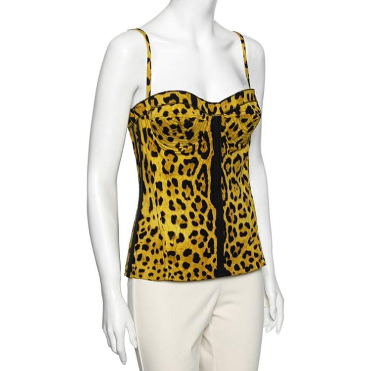 Pre Owned Dolce & Gabbana Yellow Leopard Print Silk Bustier Top L