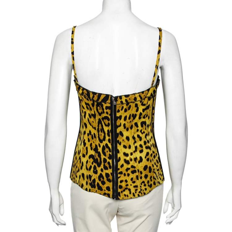 Pre Owned Dolce & Gabbana Yellow Leopard Print Silk Bustier Top L