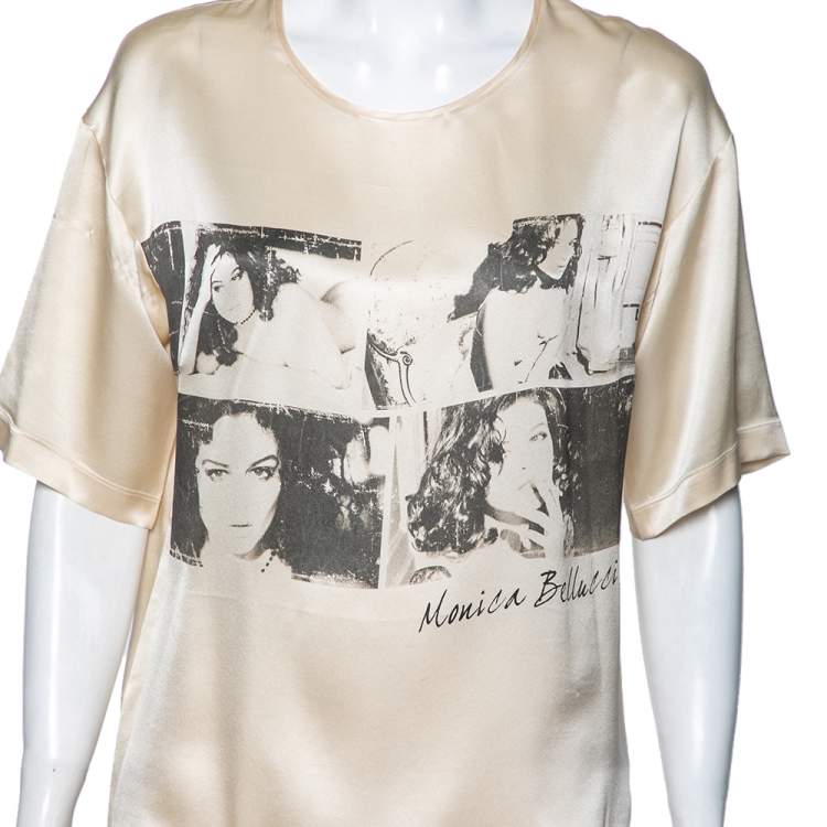 Pre Owned Dolce & Gabbana Beige Shiny Silk Monica Bellucci Printed Top M