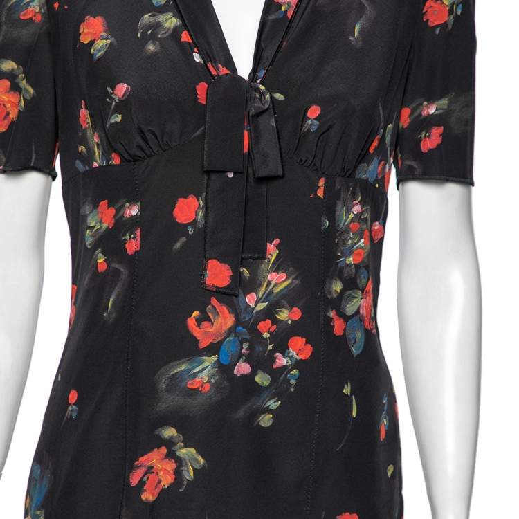 Pre Owned Dolce & Gabbana Black Floral Print Silk Bow Front Top M