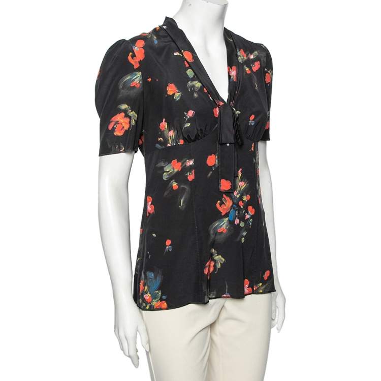 Pre Owned Dolce & Gabbana Black Floral Print Silk Bow Front Top M