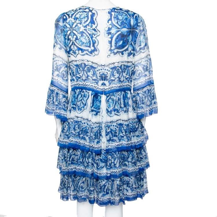 Pre Owned Dolce & Gabbana Blue and White Floral Print Ruffle Dress L