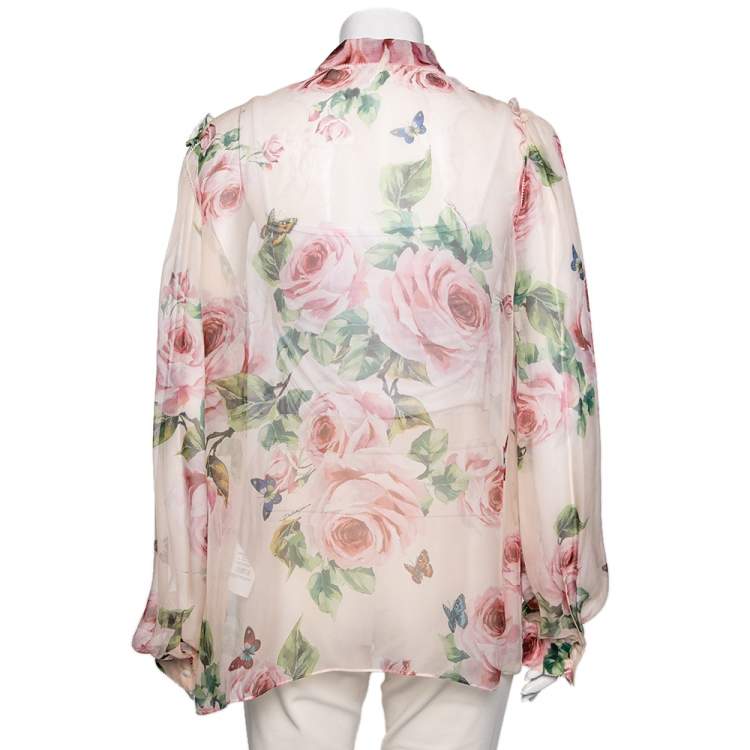 Pre Owned Dolce & Gabbana Multicolor Floral and Butterfly Printed Silk Bow Tie Front Top XL