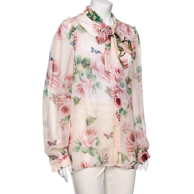 Pre Owned Dolce & Gabbana Multicolor Floral and Butterfly Printed Silk Bow Tie Front Top XL