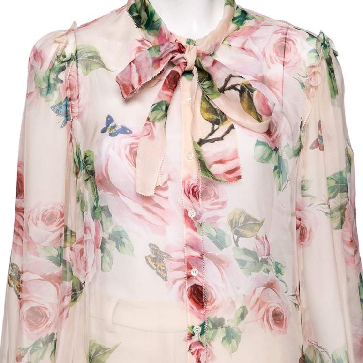 Pre Owned Dolce & Gabbana Multicolor Floral and Butterfly Printed Silk Bow Tie Front Top XL