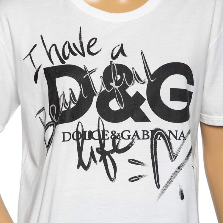 Pre Owned Dolce & Gabbana White I Have A Beautiful Life Printed Cotton Round Neck T-Shirt L 