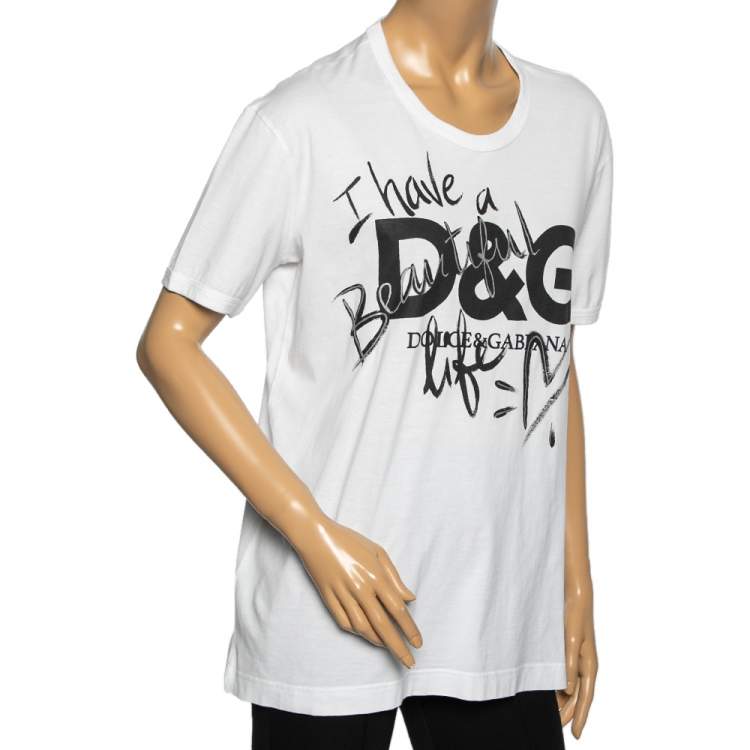Pre Owned Dolce & Gabbana White I Have A Beautiful Life Printed Cotton Round Neck T-Shirt L 