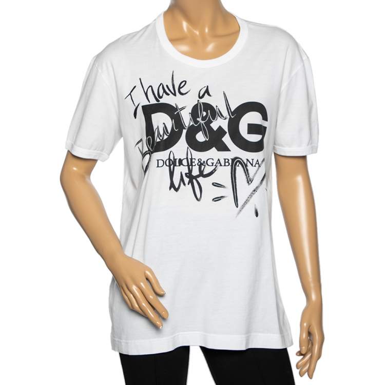 Pre Owned Dolce & Gabbana White I Have A Beautiful Life Printed Cotton Round Neck T-Shirt L 