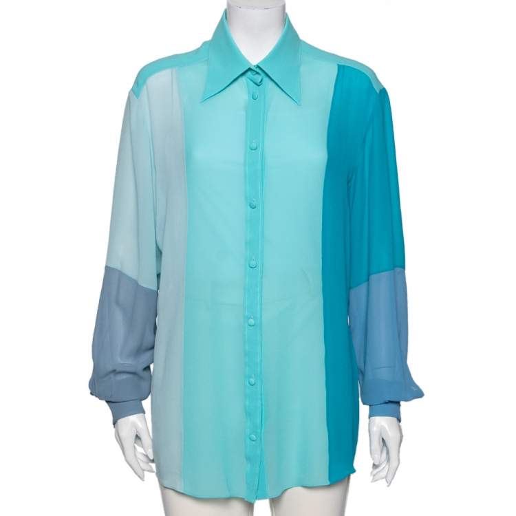 Pre Owned Dolce & Gabbana Blue Silk Color Block Long Sleeve Shirt M