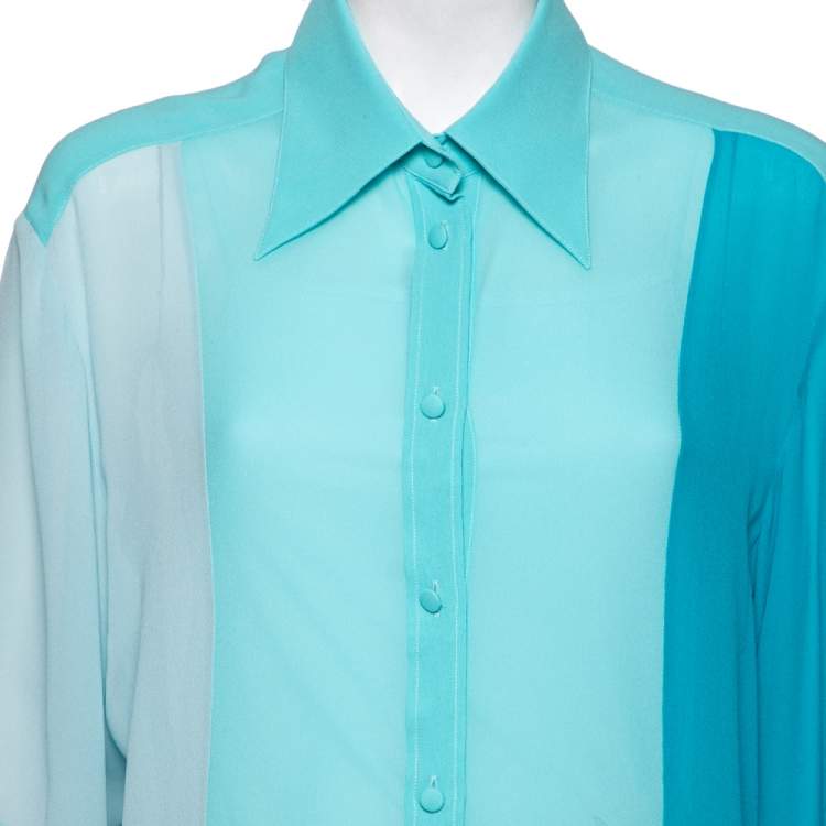 Pre Owned Dolce & Gabbana Blue Silk Color Block Long Sleeve Shirt M