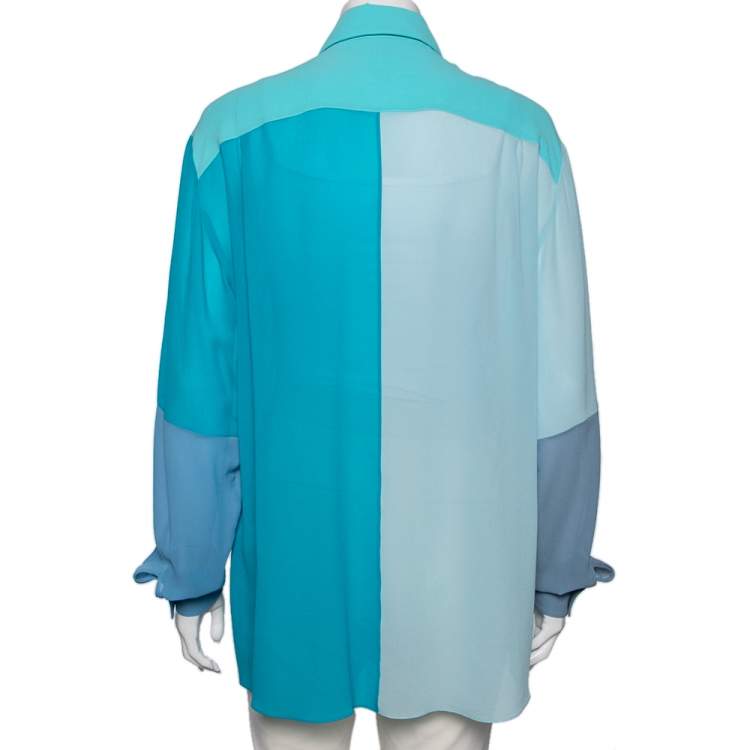 Pre Owned Dolce & Gabbana Blue Silk Color Block Long Sleeve Shirt M