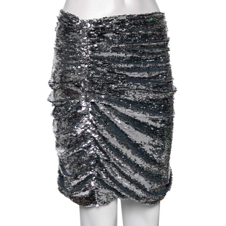 Pre Owned Dolce & Gabbana Silver Pleated Sequin Mini Skirt L