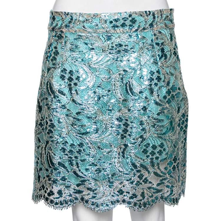 Pre Owned Dolce & Gabbana Metallic Blue Floral Lace Mini Skirt L