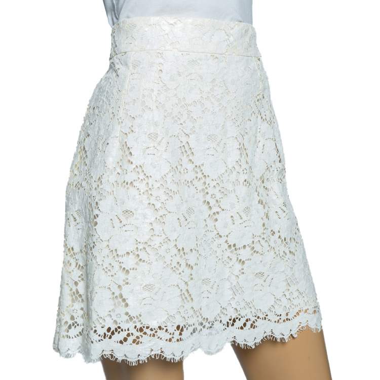 Pre Owned Dolce & Gabbana White Floral Laminated Lace Mini Skirt L