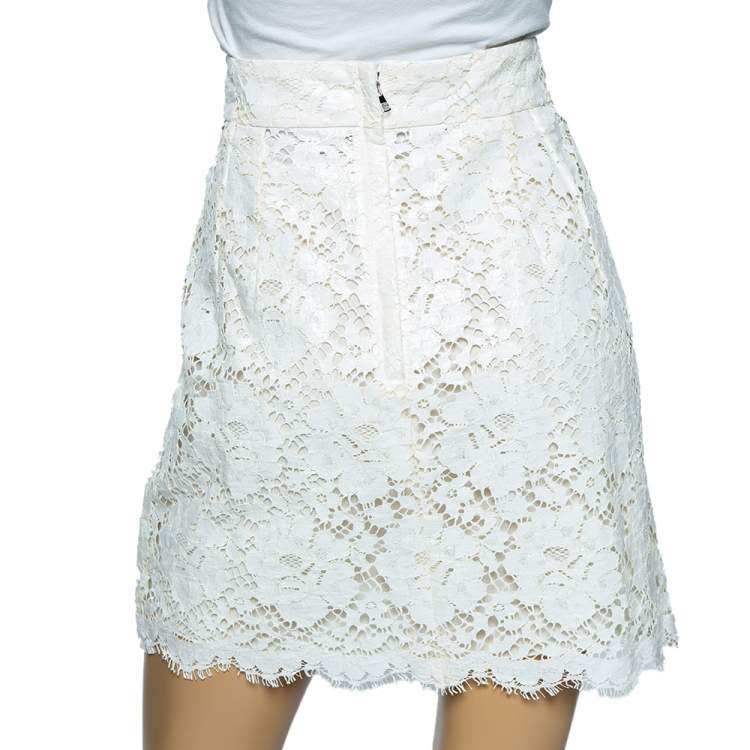 Pre Owned Dolce & Gabbana White Floral Laminated Lace Mini Skirt L