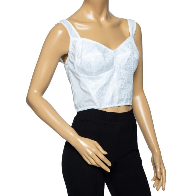 Pre Owned Dolce & Gabbana White Synthetic Lace Inset Detailed Cropped Bustier L
