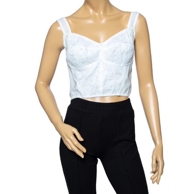 Pre Owned Dolce & Gabbana White Synthetic Lace Inset Detailed Cropped Bustier L