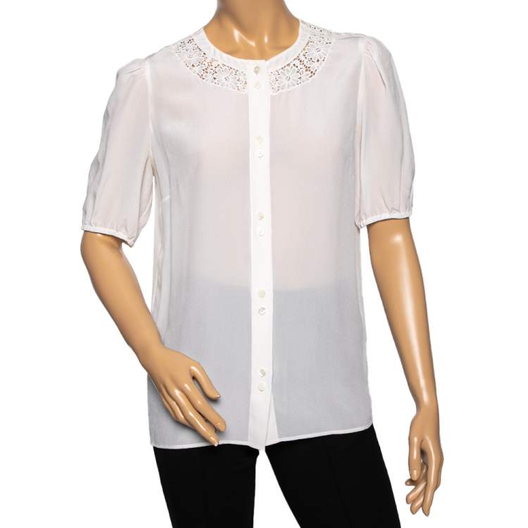 Pre Owned Dolce & Gabbana White Silk Lace Detailed Neck Top M